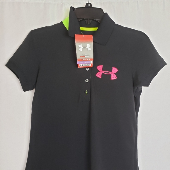 Under Armour Black Pink Green Polo Shirt Heatgear - Picture 7 of 8